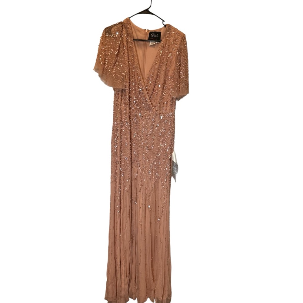 Mac Duggal 35109 Nude Beaded Embellished Flutter Sleeve Dress Size 12